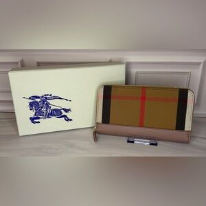 Burberry Zip Around Wallet | Archive Check | Beige & Blush Leather Trim | New